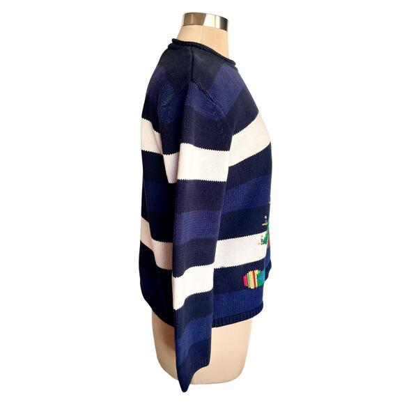 Evan-Picone Blue White Stripe Christmas Tree Sweater MEDIUM Holiday Christmas - Picture 5 of 7